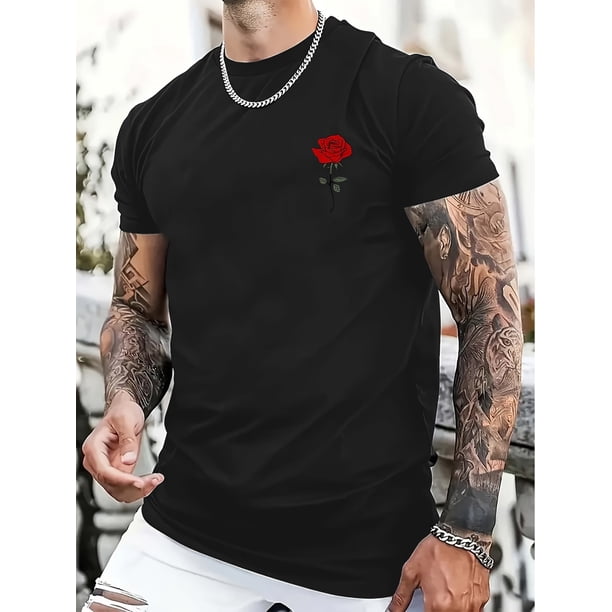 Shoulder "Rose" Pattern Printing 100% Cotton Casual Novel Men's T-shirt, Short-sleeved Summer Shirt, Comfortable Fit, Fashionable Street Style Round Neck T-shirt, Suitable For Daily And Outdoor.