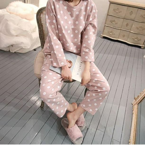 Joy Guru Pink Dot LongSleeve Pajama Set for Women Girls, Autumn Cute Dot LongSleeve Pajama