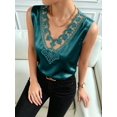 thumbnail image 5 of Women's Satin Contrast Lace V Neck Sleeveless Blouse Appliques Summer Tank Tops Green S, 5 of 7