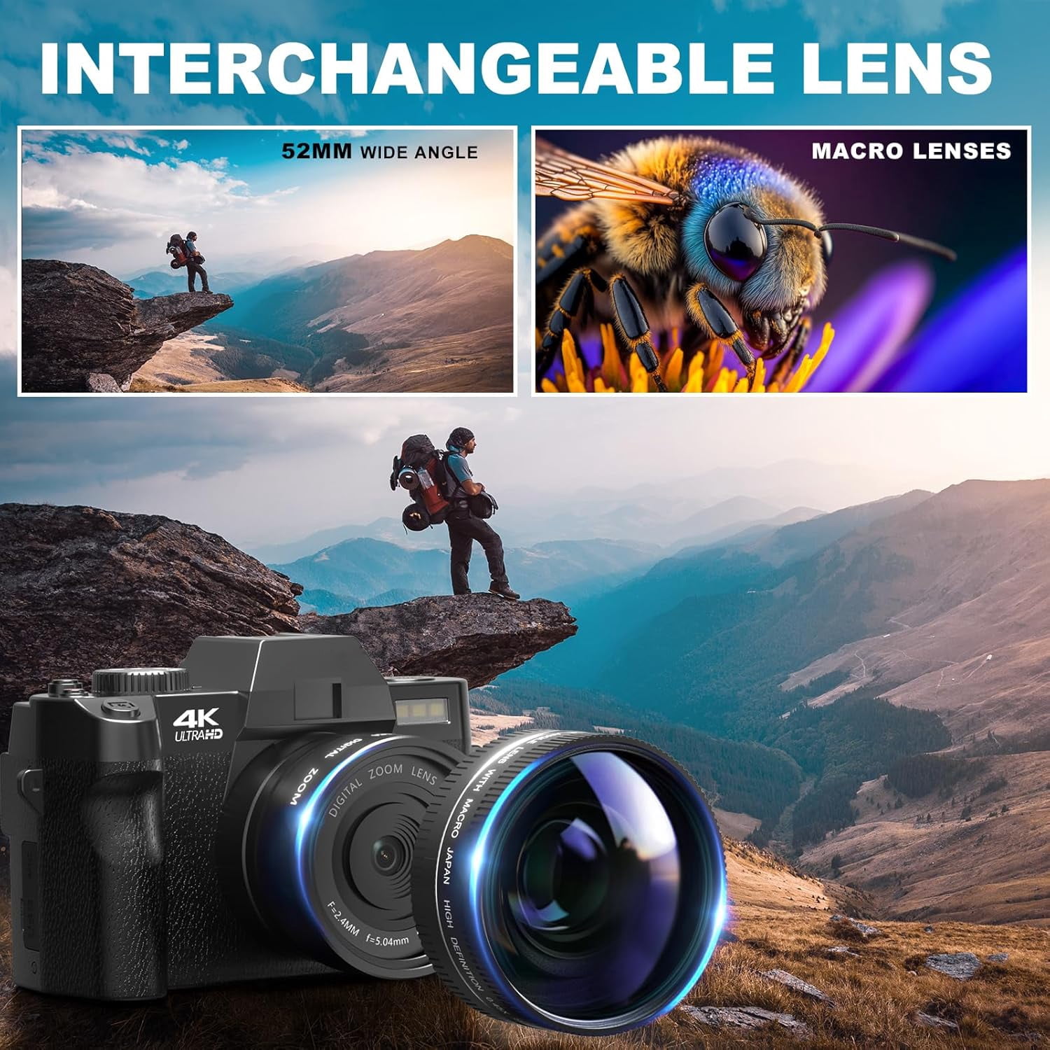 NBD 4K Digital Cameras for Photography 48MP Video Camera for Vlogging with Wide-Angle & Macro Lens