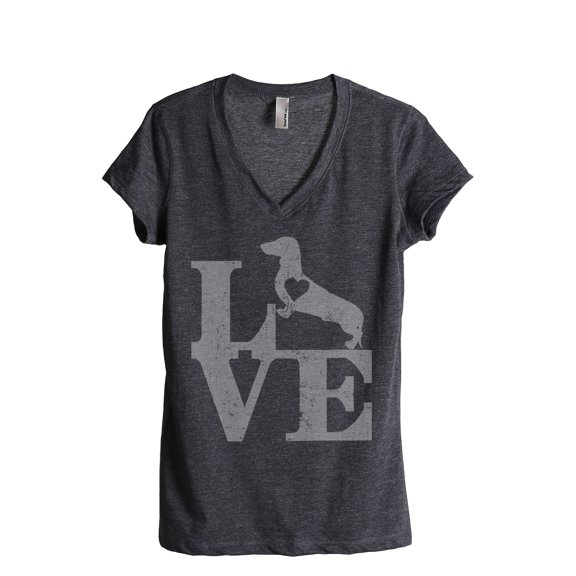 LOVE Dachshund Dog Women's Fashion Relaxed V-Neck T-Shirt Tee Charcoal Grey Small