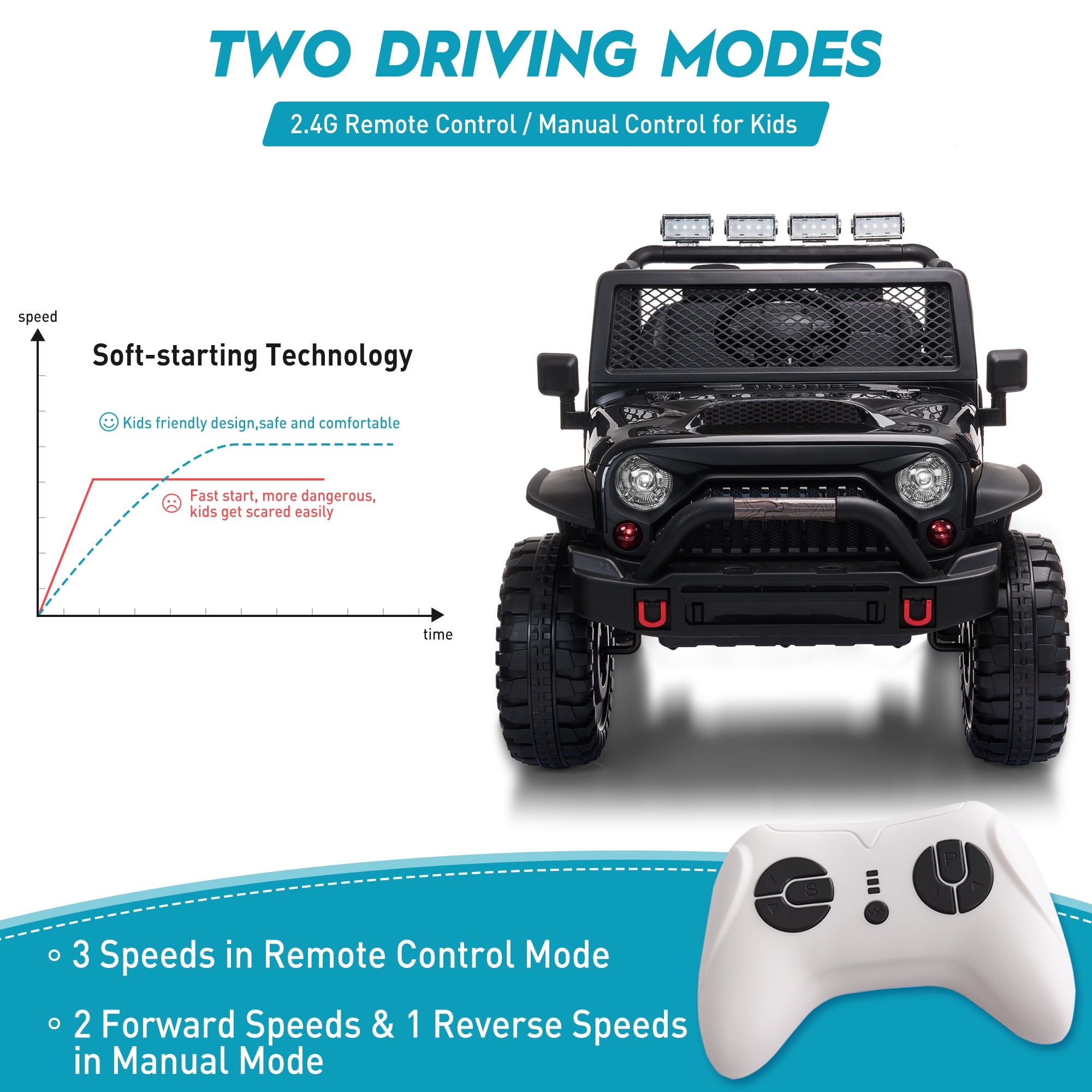 TOBBI 12V Kids Ride on Car, Jeep Car with Remote Control, LED Lights, Music, Horn, Bluetooth, Spring Suspension, Rocking, Black