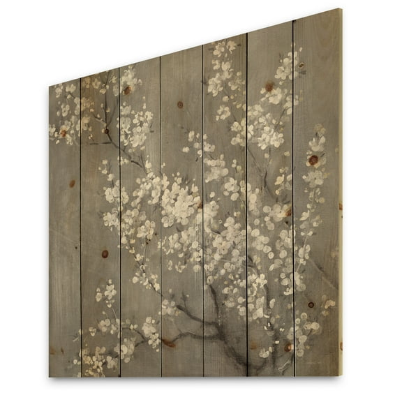 Designart 'Monochrome Cherry Blossoms II' Traditional Print on Natural Pine Wood