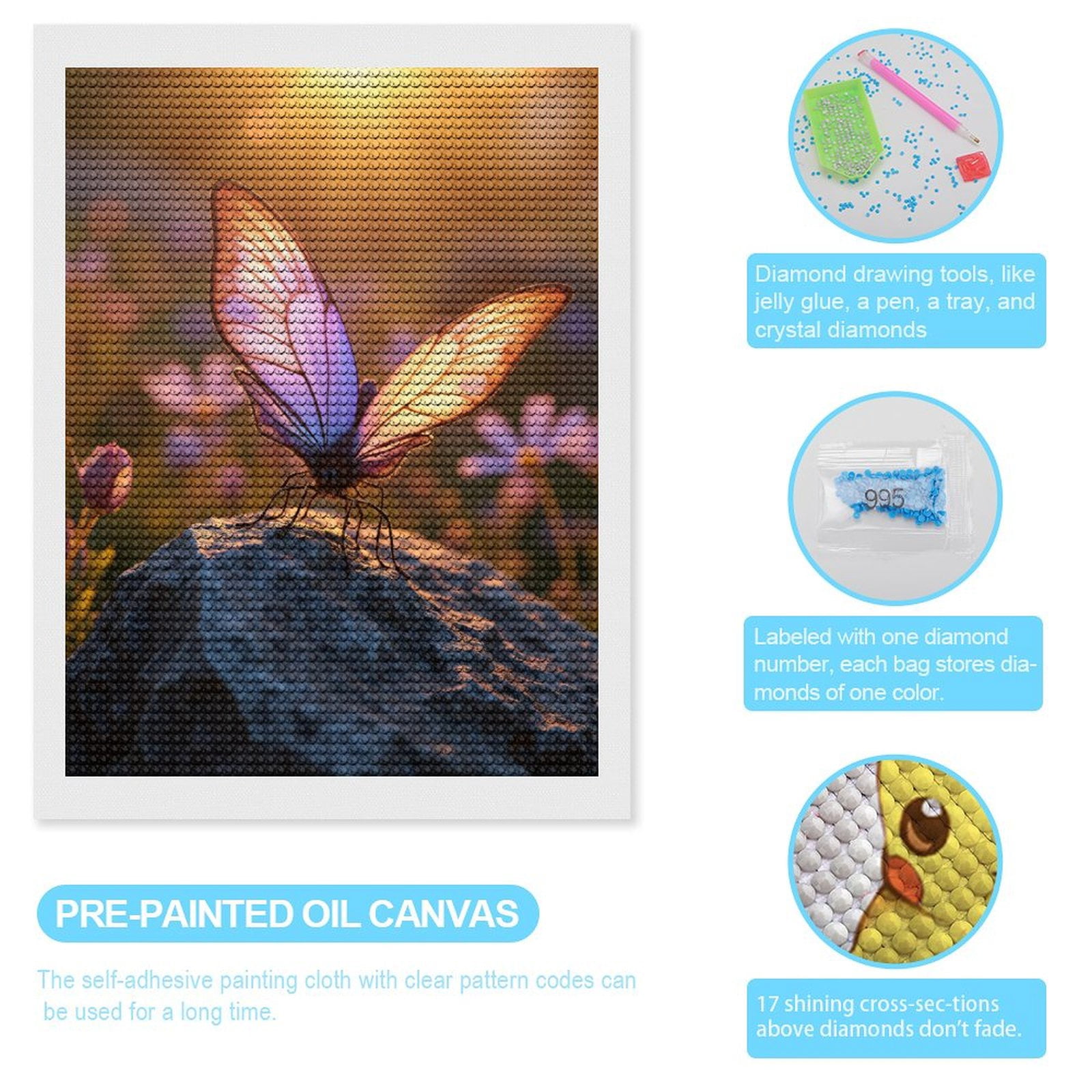 Diamond Art Kits for Adults, Sunlit Butterfly On Rock 5D Diamond Painting Kits for Adults Beginners, DIY Full Drill Diamond Painting, Gem Art and Crafts 12x16