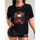 thumbnail image 1 of Floral & Skull Print Casual T-Shirt, Short Sleeves Round Neck Stretchy Sports Tee, Halloween Women's Tops, 1 of 7