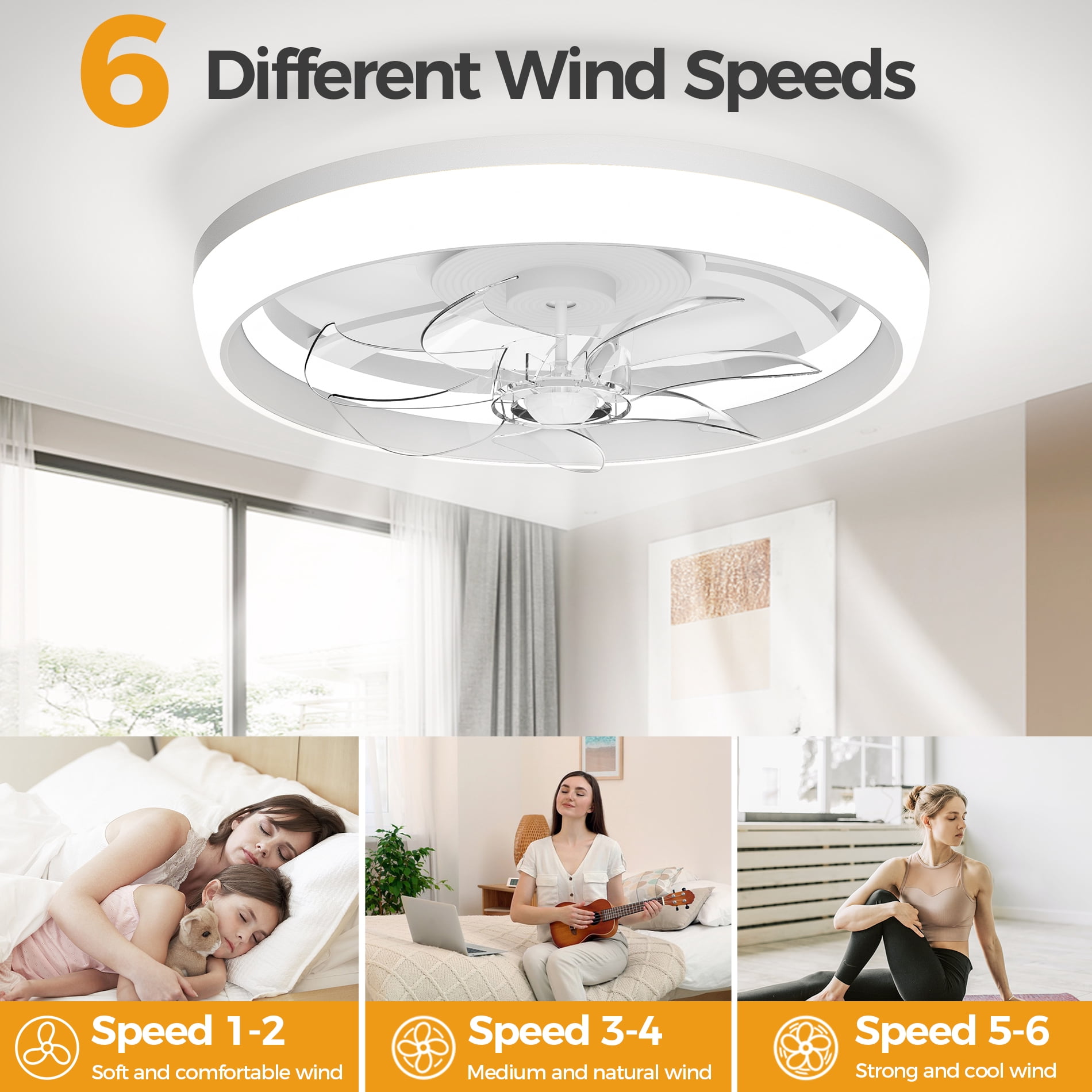 SKVEVN 19" Ceiling Fan with Light - 3 Colors Lighting, 6 Wind Speeds, Remote Control&APP, Modern Dimmable LED, Smart Ceiling Fan for Bedroom(White)
