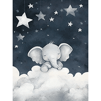 Cute Elephant on Clouds and Stars Canvas Print/Wall Art， Perfect for Nursery， Bedroom， Living Room， Kids Room， and Playroom Decoration.