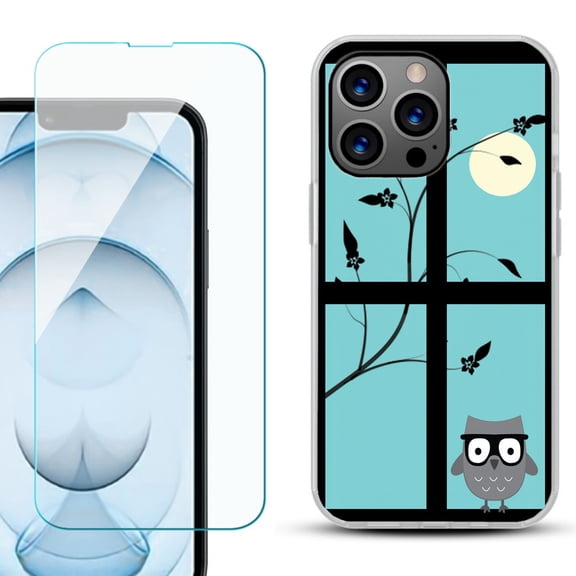 Slim-Fit Gel TPU Phone Case for iPhone 13 Pro Max, with Tempered Glass Screen Protector, by OneToughShield ® - Moon Owl