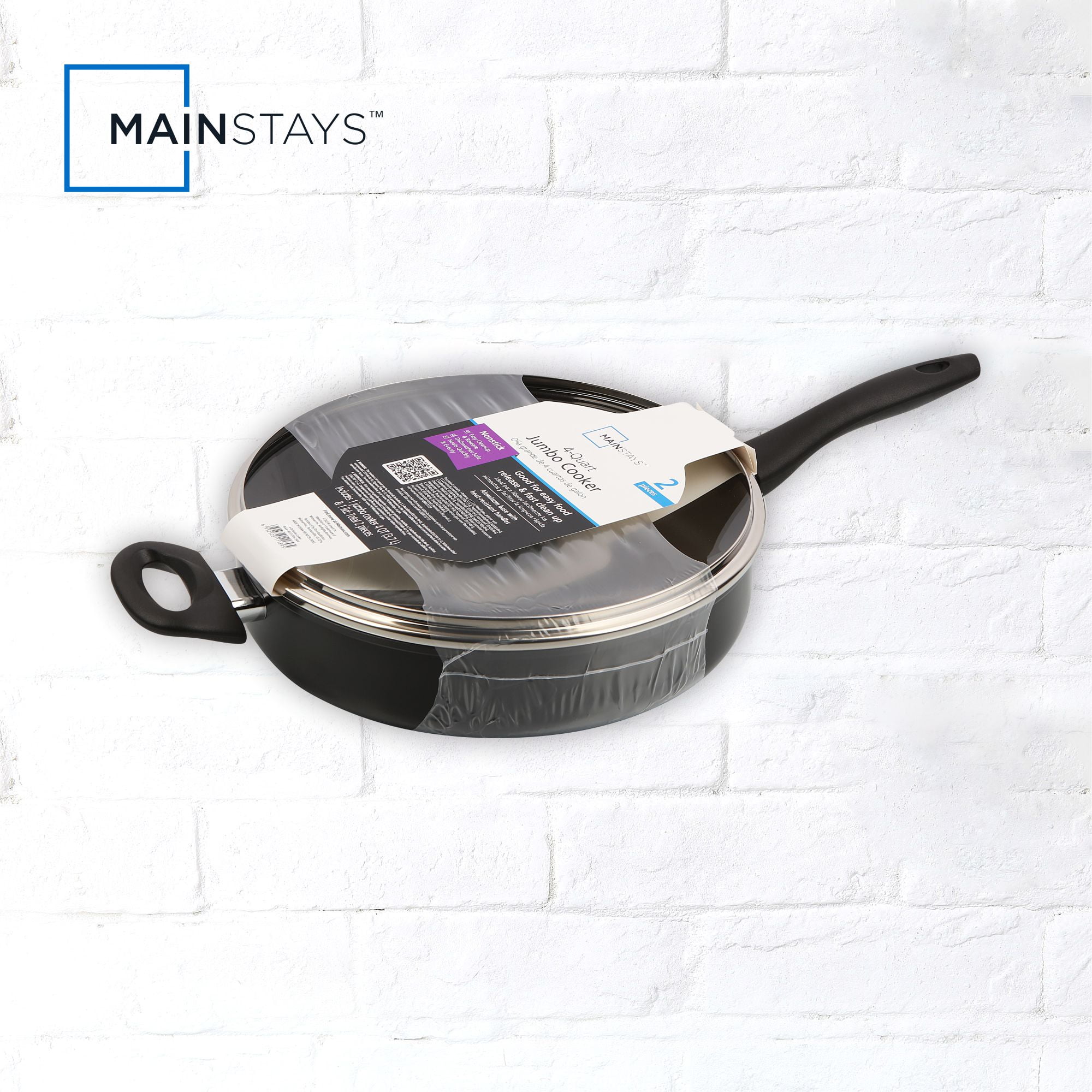 Mainstays 4 Quart Multi-Use Non-Stick 28cm Black Jumbo Cooker Frying Pan with Glass Lid