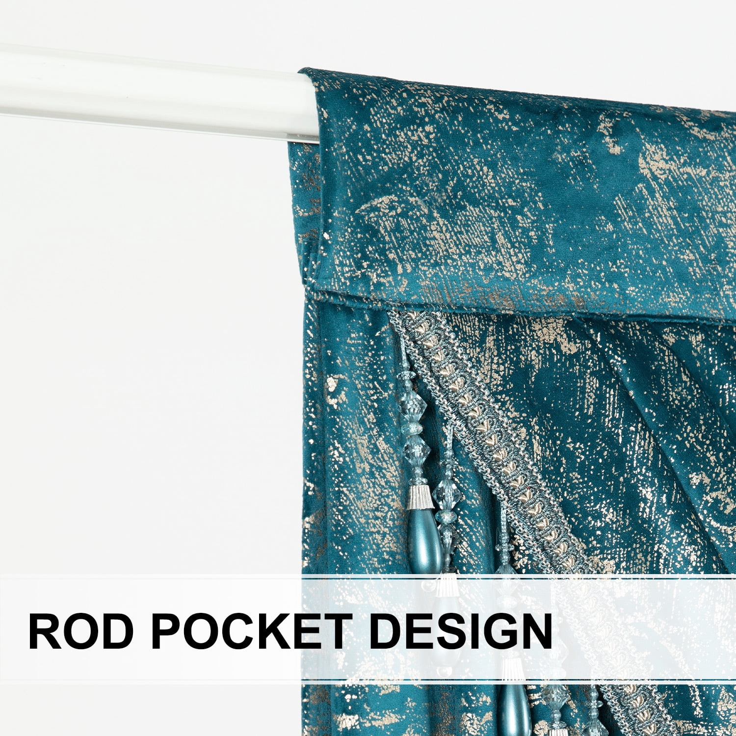 VOGOL Thick Velvet Waterfall Valance, Rod Pocket Swag Curtain with Vintage Tassel, Elegant Line Print Curtain for Living Room Bedroom Décor, 43 x 138 Inches, 1 Piece, Lake Blue