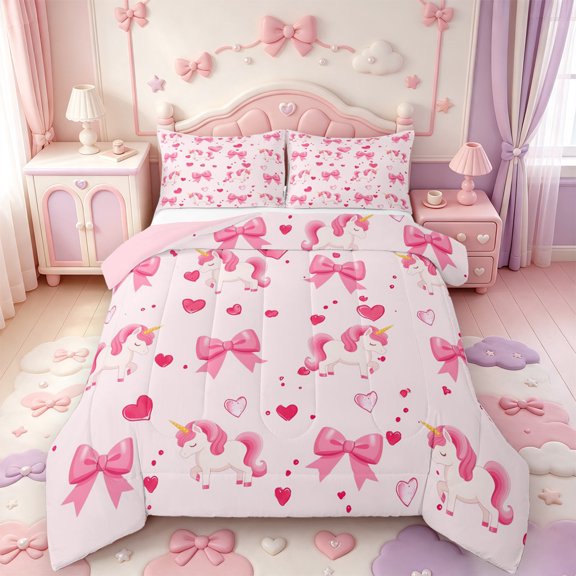 Manfei Pink Girly Bowtie Full Size Comforter Sets,3D Cartoon Unicorn Bedding Comforter Set,Pink Reversible,3 Pieces,1 Comforter and 2 Pillowcases