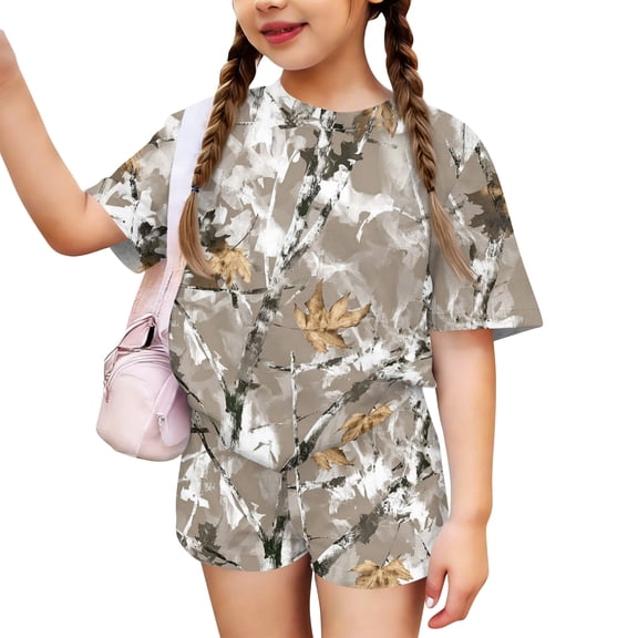 Grblisyd Girls Two Piece Sets Camo Maple Leaf Print Clothes Loose Short Sleeve Crew Neck Tshirts and Elastic Waist Shorts Casual Summer Outfits Size 7-8