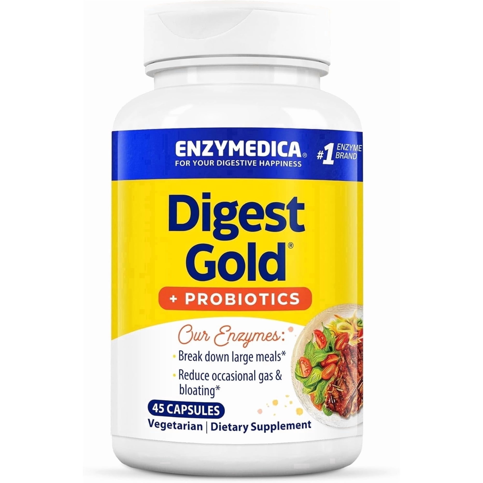 Enzymedica Digest Gold + Probiotics, 2-in-1 Digestive Enzymes & Probiotic Support, Promotes Gut Health with 1 Billion Active Cultures, 45 Capsules