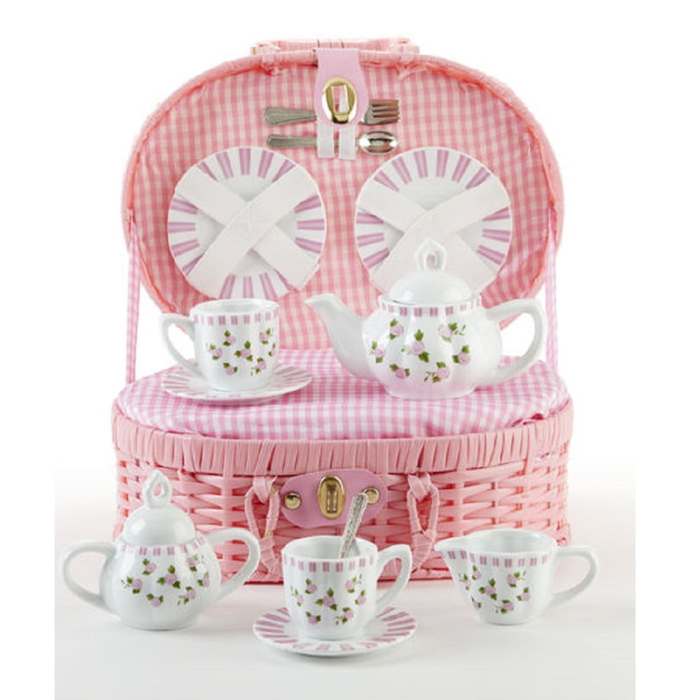 Button Rose Flower Porcelain Tea Set in Fabric Lined Basket New