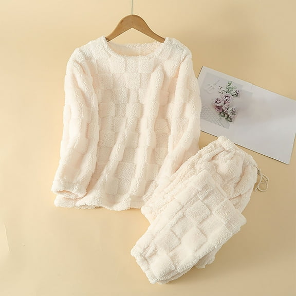 ZunFeo Womens Plush Pajama Set - Long Sleeve Warm Sleepwear Tops and Elastic Waist Sleep Pants Cozy Fall Winter Loungewear for Home/Bedtime, White XL