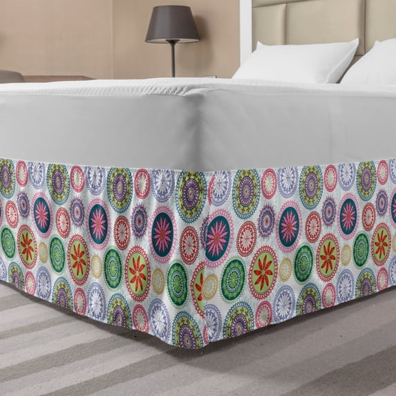 Mandala Bed Skirt, Ornamental Different Floral Motifs in Circular Designs Oriental Abstract, Elastic Bedskirt Dust Ruffle Wrap Around for Bedding Decor, 4 Sizes, Multicolor, by Ambesonne