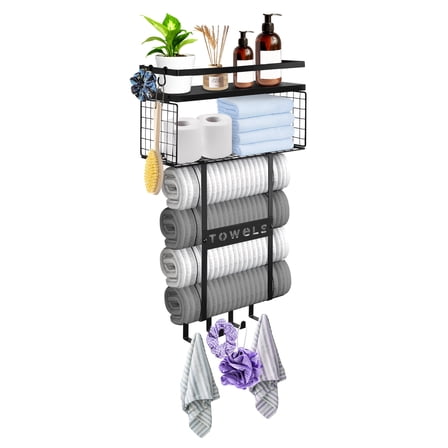 Towel Racks for Bathroom, Towel Rack Wall Mounted with Hooks, Metal Rolled Towel Holder with Storage Basket and Floating Shelve for Small Bathroom Decor
