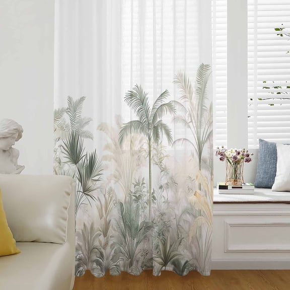 Green Yellow Palm Tree Sheer Curtains 63 Inch Length, Light Filtering Voile Curtain Panel, Summer Botanical Tropical Rod Pocket Drapes Window Treatments for Living Room Bedroom 52"x63"