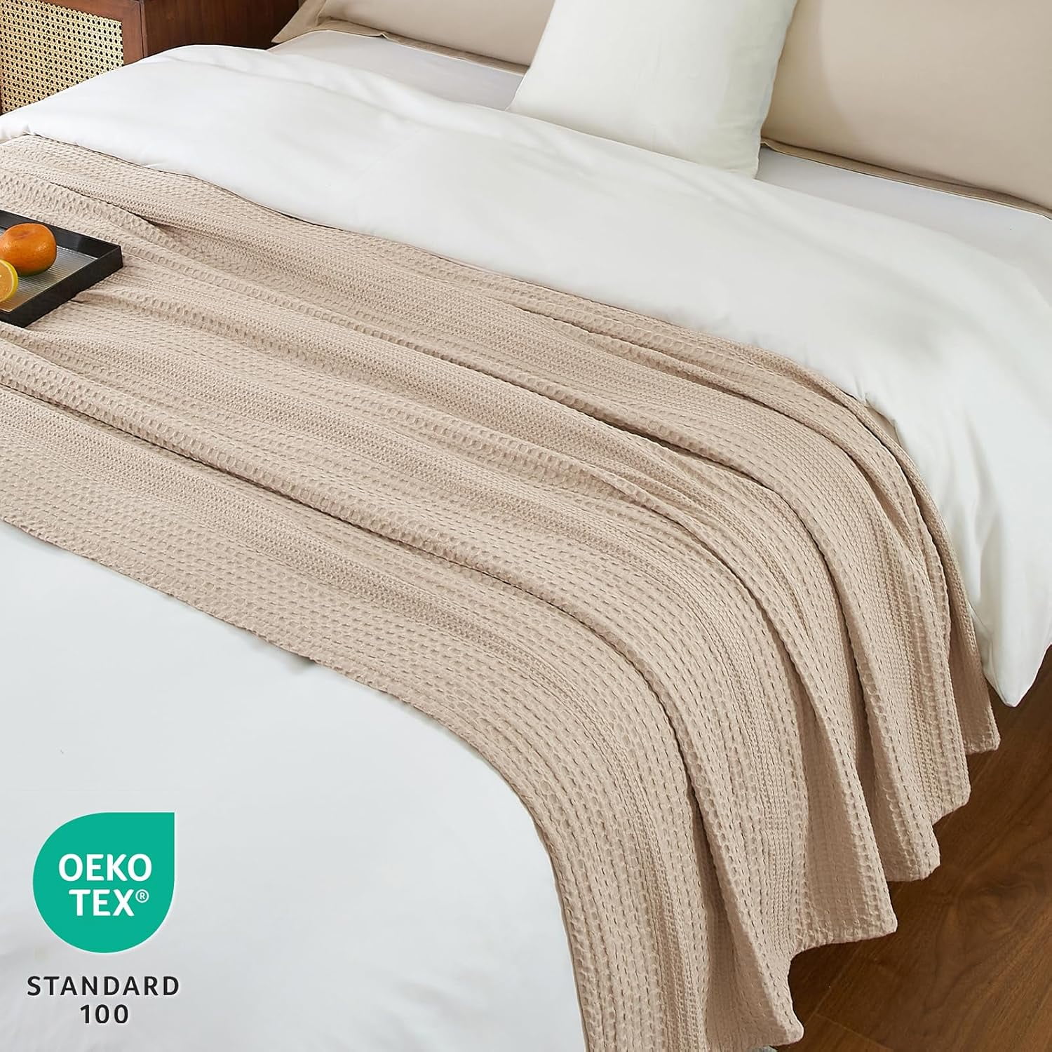 PHF Ultra Soft Waffle Weave Blanket King Size for Bed, Lightweight and Breathable Blanket, Perfect for Hot Sleepers, 104"x 90", Light Tan