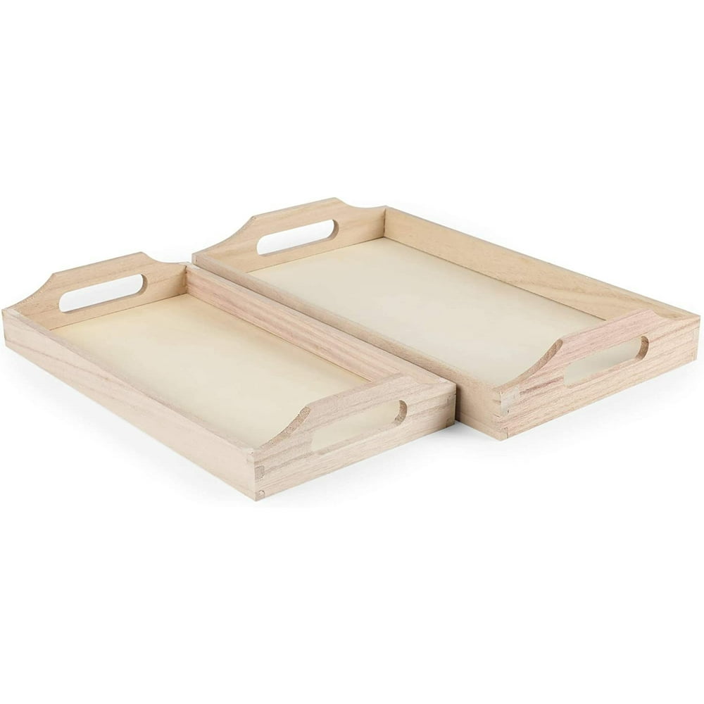 Set of 2 Unfinished Wood Trays, Small Wooden Trays with Handles for DIY