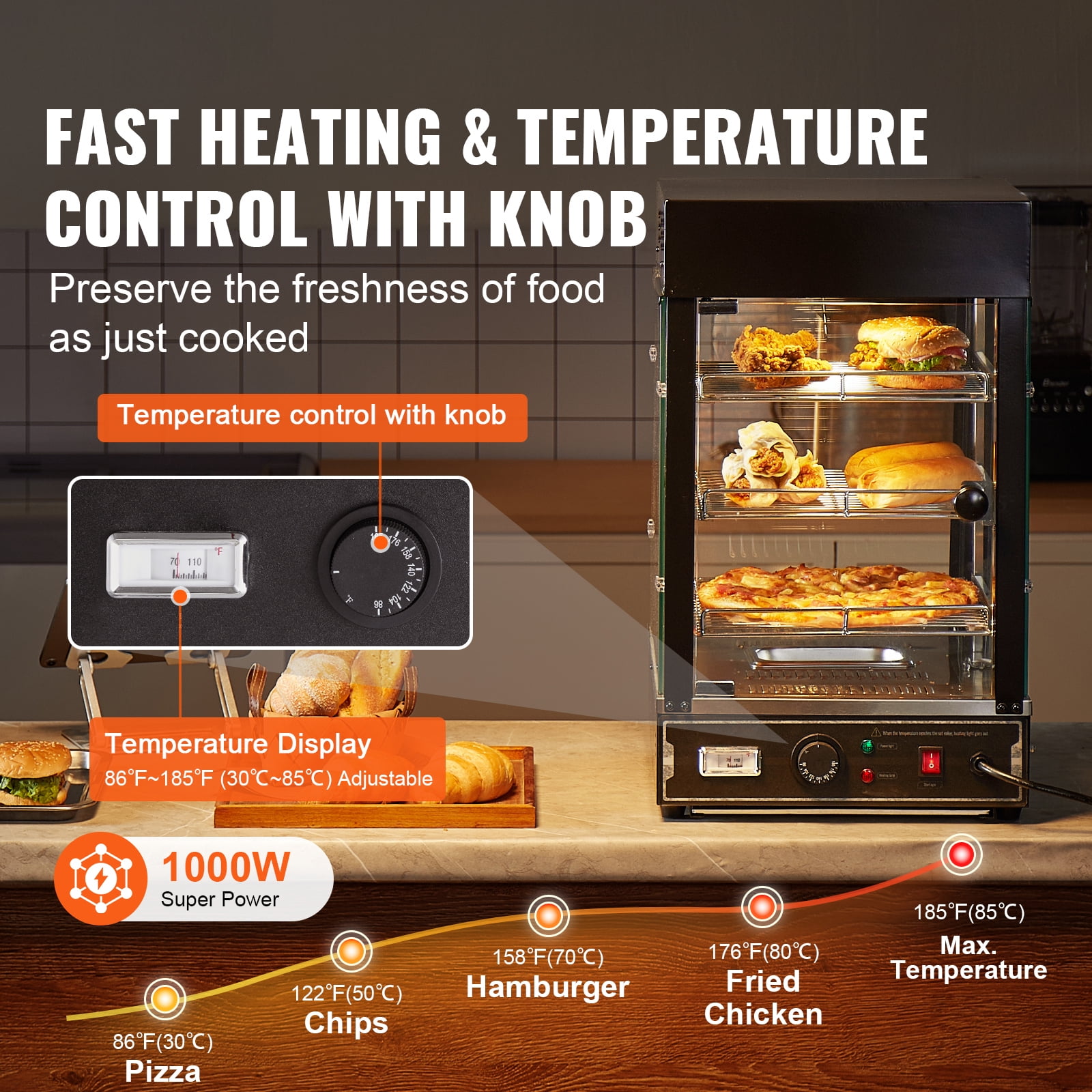 KFFKFF 3-Level Food Heating Showcase, 1000W with Illumination, Flexible Shelving & Temperature Control, 86℉~185℉ Steam Heat, 57L Capacity for Pizza, Burgers, Baked Goods, Fried Poultry