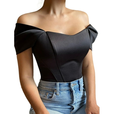 

TFFR Women s Sexy Satin Off Shoulder Corset Push Up Strap Slim Fit Crop Tube Top Cami Streetwear