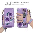 thumbnail image 3 of ELEHOLD Handbag Wallet with Case for iPhone 15 Plus Flower Floral Pattern with Card Holders Zipper Purse RFID Wallet Wristband Strap Magnetic Phone Case for iPhone 15 Plus,purple, 3 of 8