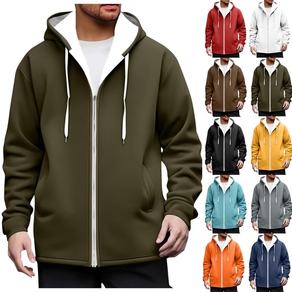 SGFCWSX Men's Full Zip Hoodie Fleece Relaxed Fit Pockets Solid Color Drawstring Hood Basic Casual Sweatshirt for Men Army Green Size L