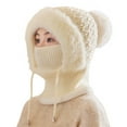 thumbnail image 4 of Women's Winter Plush Hat with Integrated Face Mask and Scarf, Fleece Lined Knit Beanie with Neck Warmer, Cold Weather Balaclava Style Cap, Warm Hooded Mask Hat for Outdoor Activities - White, 4 of 6