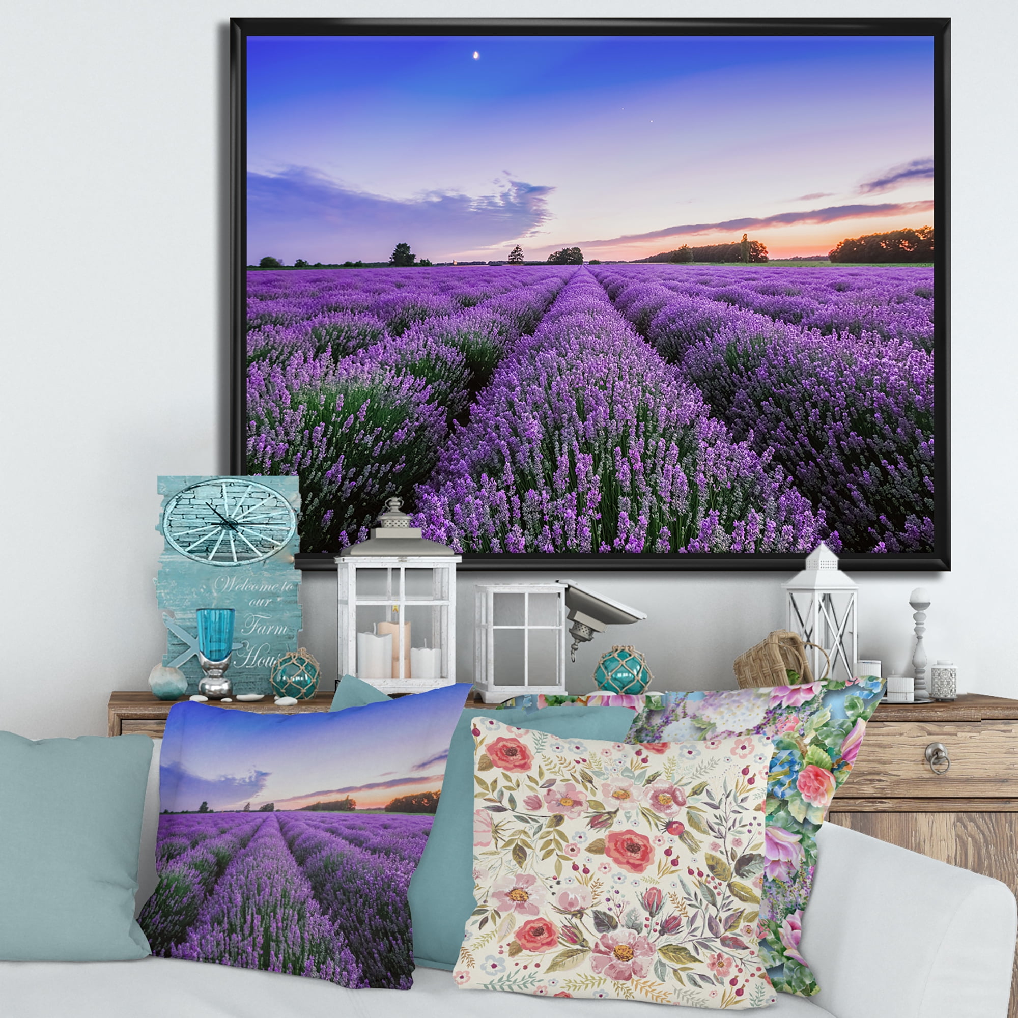 Designart 'Dramatic Clouds and Sunrise Over Lavender Field II' Farmhouse Framed Canvas Wall Art Print