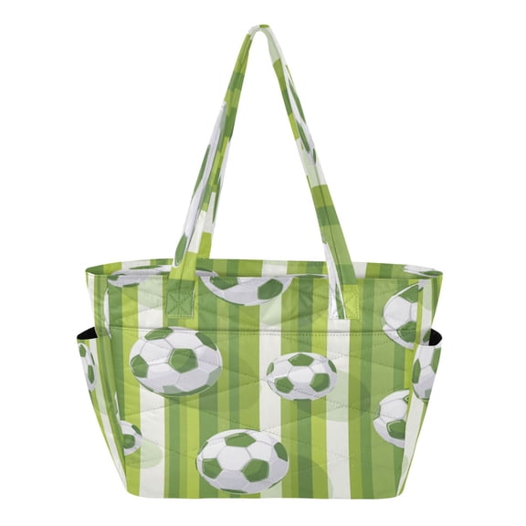 Quilted Tote Bag Large Capacity Multi-Compartment Handbag Lightweight Structured Shoulder Bag Versatile Casual Bag Green Footballs Pattern