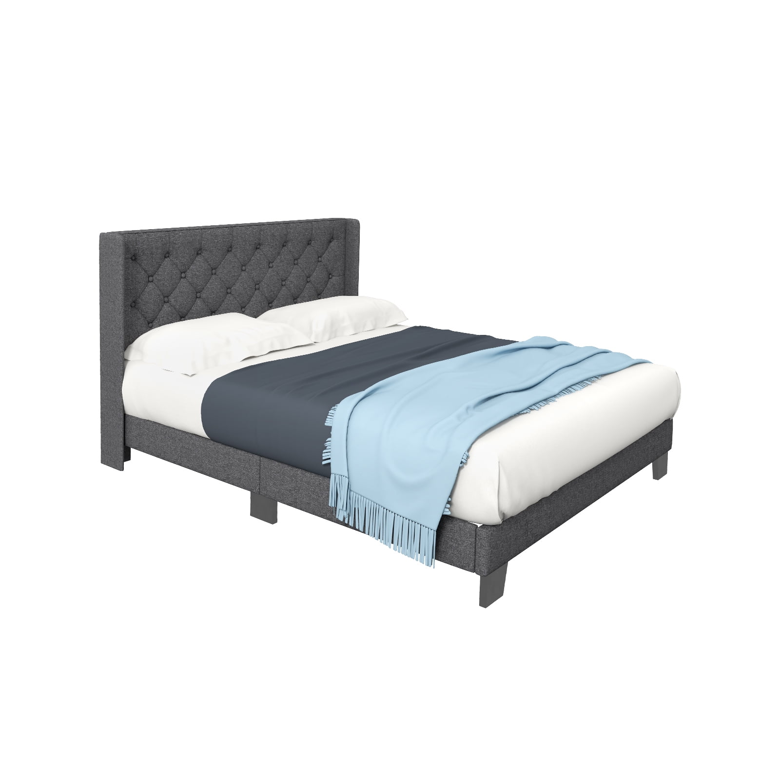 Furnibear Queen Bed Frame with Headboard, Upholstered Platform Bed with Diamond Button Tufted Wingback Headboard, No Box Spring, Gray