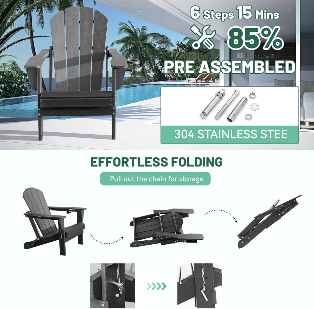 Folding Adirondack Chair, All-Weather HDPE Lawn Chair with Cup Holder, Comfortable Outdoor Patio Chair for Deck, Porch, Backyard, Garden, Grey