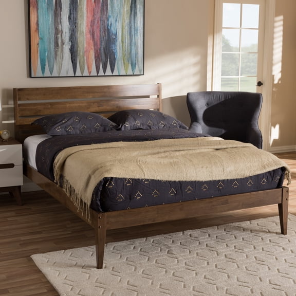 Full Size Platform Bed - Modern Wood Slatted Headboard - Contemporary Bed Frame - Solid Wood Bed