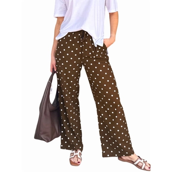 Polka Dot Pants Women Y2K Print High Waisted Drawstring Wide Leg Pants Vintage Boyfriend Pants Dark Brown XXL