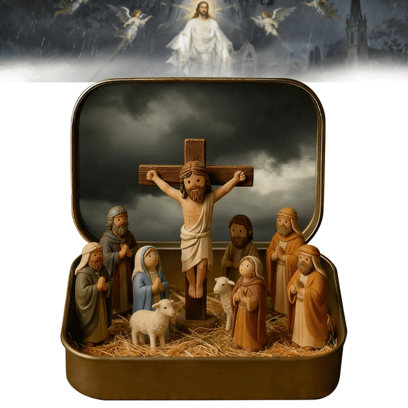 Mini Christmas Nativity Set in a Tin Box, Handcrafted Pocket Bethlehem Scene, Portable Holy Family Display, Small Religious Ornament, for Desk, Shelf, Office, or Travel Decor(1PCS)