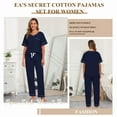 thumbnail image 4 of EA'S SECRET Womens Pajama Sets 100% Cotton Short Sleeve Top with Long Pants Sleepwear 2 Piece V Neck Loungewear Soft Knit (Navy Blue,S), 4 of 9