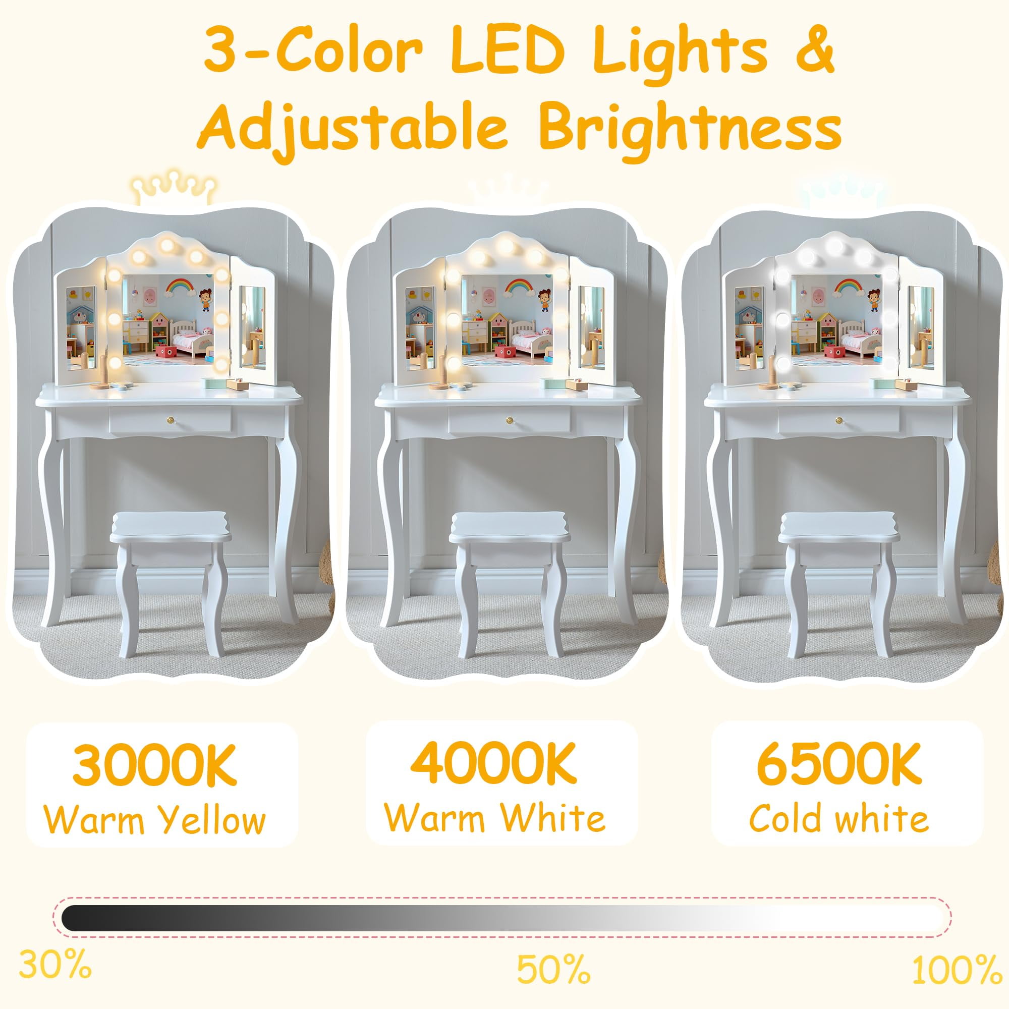 Kids Vanity, Little Girls Vanity Set with Stool and Light, 2 in 1 Wooden Kids Vanity Table and Chair Set, Princess Makeup Table with Drawer for Girls