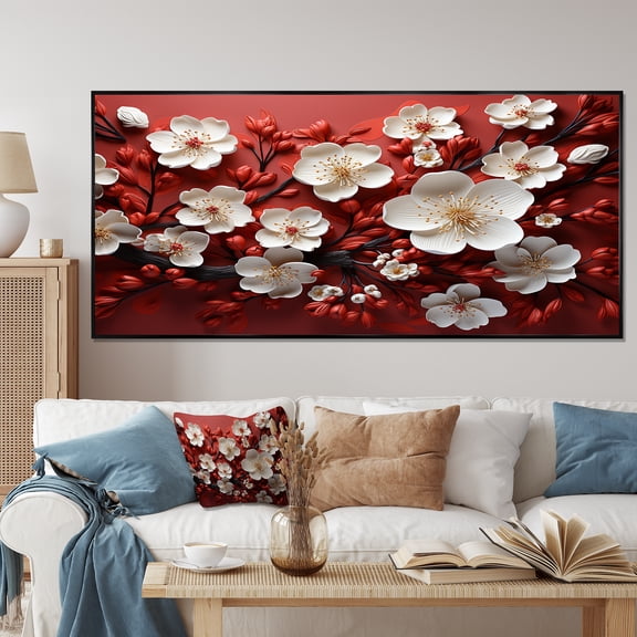 Designart "Orchid Elegance White and Red Blossoms I" Oversized Floral Framed Wall Art - Modern Farmhouse Red Abstract Floral Entryway Framed Wall Art