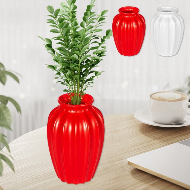 Jarrón de plástico para flores secas - Decoración cerámica estilo cerámica de 9,45 pulgadas, centro de mesa rojo o blanco para salón y comedor
