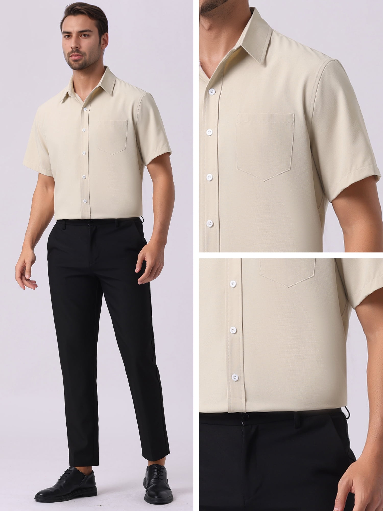 DARING DIVA Men's Linen Business Short Sleeve Button Down Formal Dress Shirts M Khaki