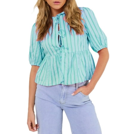 MIPREWUY Women s Striped Babydoll Blouse Loose Open Front Tie-Up Half Sleeve Ruffle Hem Tops for Summer
