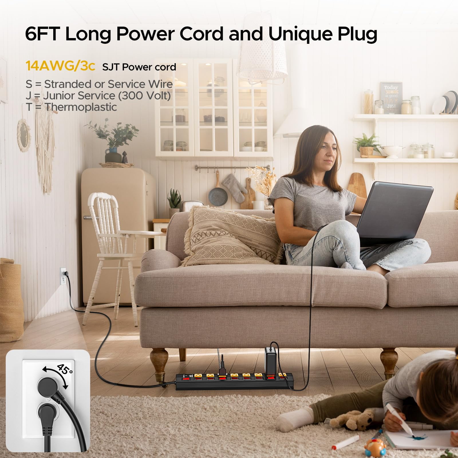 CRST 8 Outlet Heavy Duty Power Strip with Individual Switches, 15A/ 1875W Metal Power Strip Surge Protector with Circuit Breaker (1200 Joules), 6FT 14AWG Extension Cord and Mounting Bracket