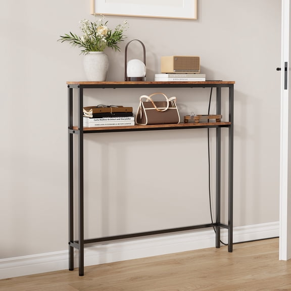 Gaderth Rustic Brown Narrow Console Table with Power Outlets, 2-Tier Slim Sofa Table Behind Couch with 2 Shelves, Entryway Table for Living Room, Hallway, Foyer