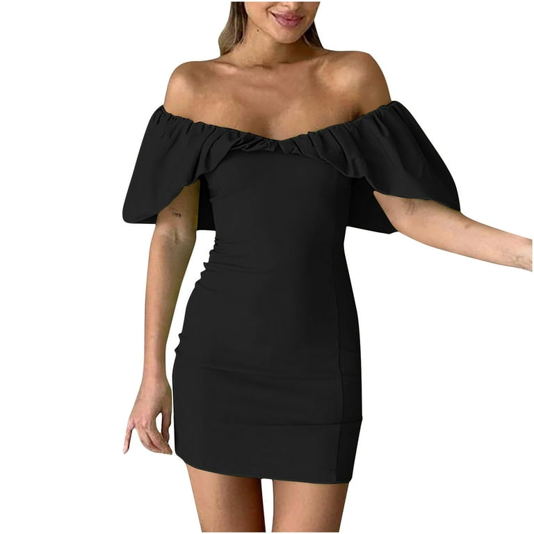 knee length dresses for ladies BLACK O-RING CUTOUT HALF SLEEVES OFF-SHOULDER MINI DRESS SP9659D – Stylish  Wholesale