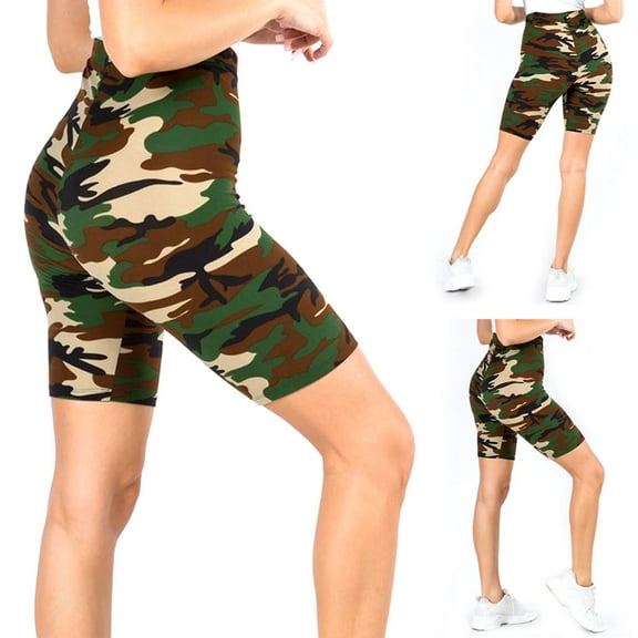 Womens Camo Biker Shorts Wide Waistband Bike Workout Yoga Fitness Sport One Size