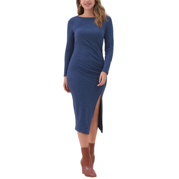 Vestido de mujer Inspire Chic con cuello redondo, manga larga, con fruncido lateral y abertura, talla XL, azul oscuro