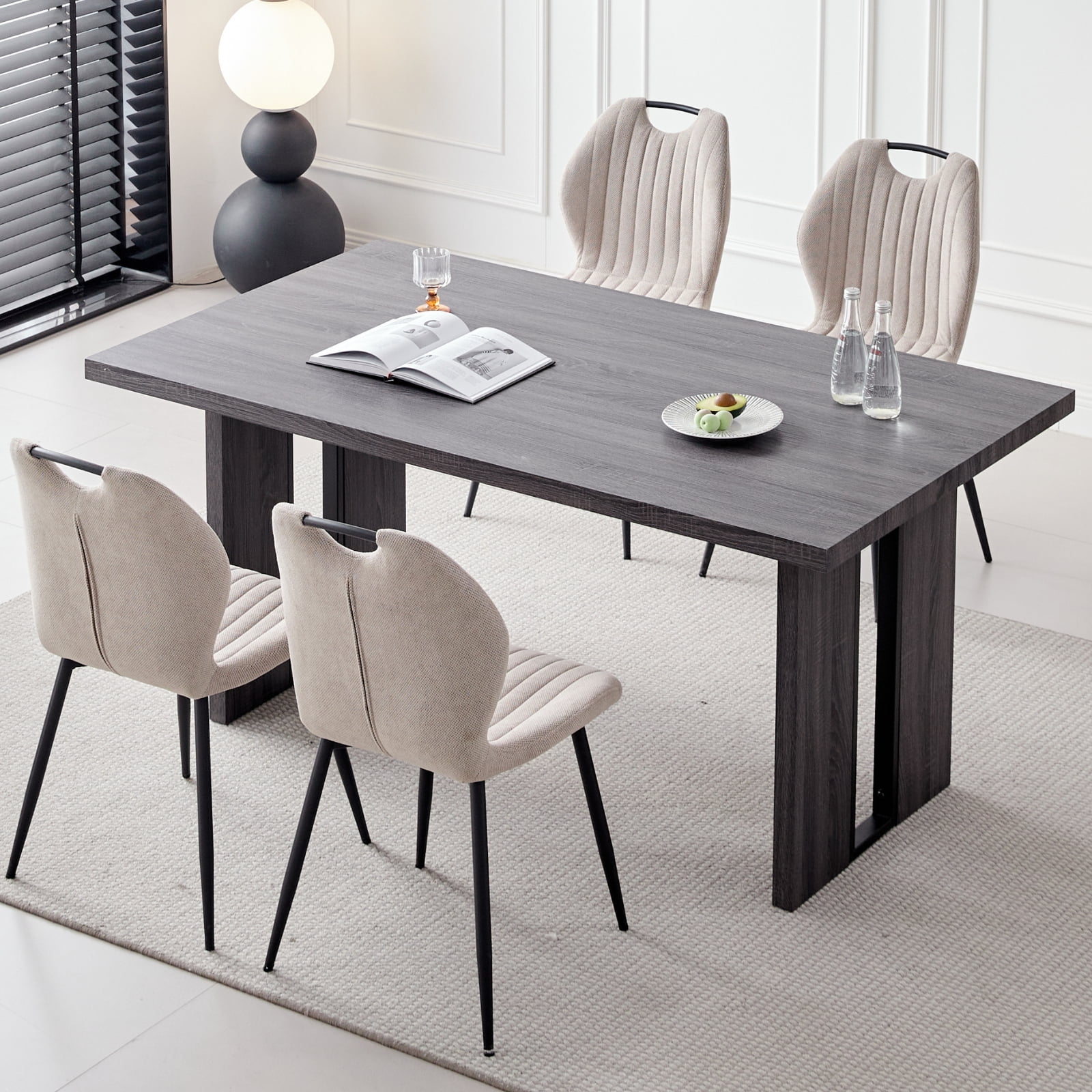 63" Rectangle Dark Gray Dining Room Table Chair Set for 4, Farmhouse Wood Kitchen Table with 4 Upholstered Khaki Chairs for Dinner, Living Room, Apartment, 5 Piece