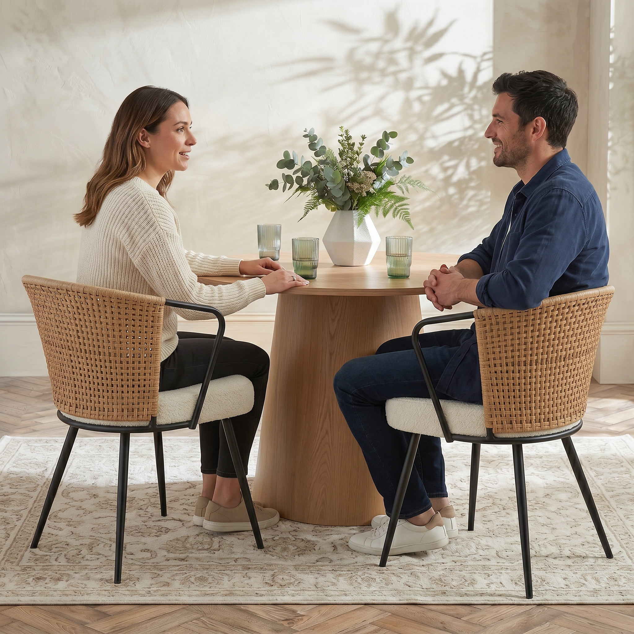 Dining Chairs Set of 2,SailvanUpholstered Mid-Century Rattan Chairs, Kitchen Dining Chairs with Rattan Backrest & Boucle Cushion,Farmhouse Accent Chair Side Chair with Metal Leg,Brown