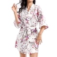 thumbnail image 5 of Defitshape Women's Satin Kimono Robe Lightweight Silk V Neck Pattern Dressing Gown Floral Print Bathrobe Short Belted Spa Sleepwear Bridal Bride 3/4 Sleeve White XX-Large, 5 of 5